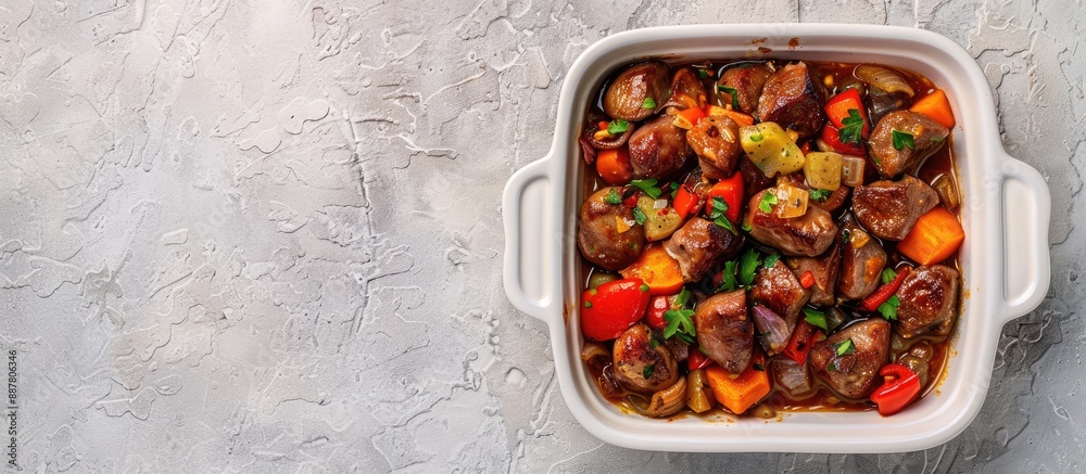 Leinwandbilder A dish of cooked chicken livers and vegetables in a baking dish on a light stone surface with text space captured from above. with copy space image. Place for adding text or design