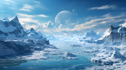 A blue and white ethereal landscape of a frozen planet, featuring jagged icy mountains, a frozen sea, and a large, pale moon hanging in the cloudy sky.