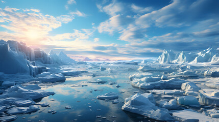 An icy landscape with large glaciers and icebergs in the water reflects the blue sky with wispy clouds on a sunny day.