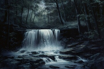 Beautiful abstract mountain waterfall stream in the forest. Artistic effect. Digital illustration.