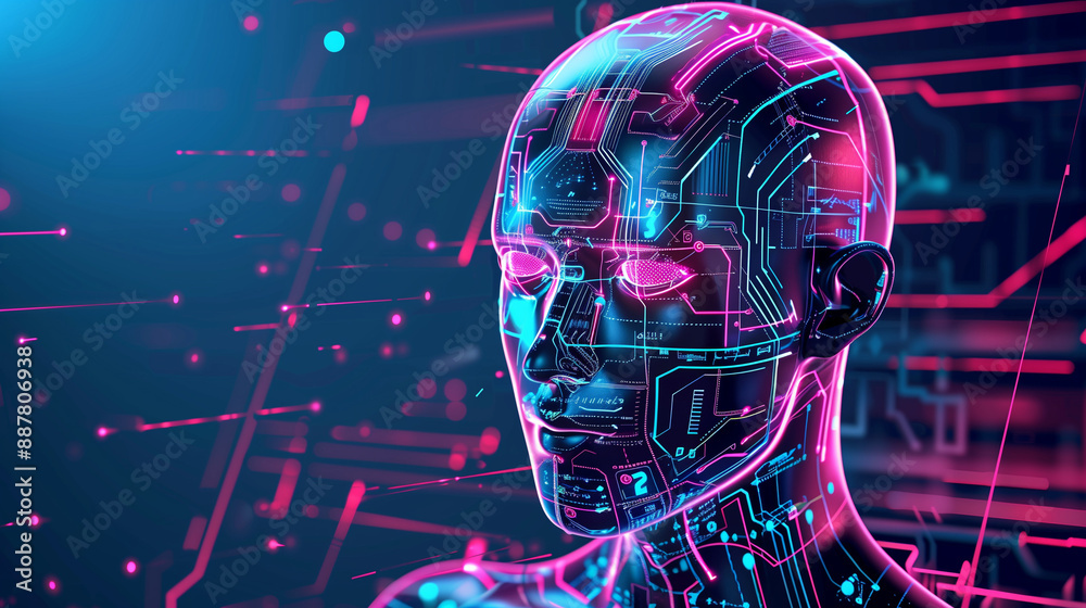 Leinwandbilder Futuristic AI Robot Head with Holographic Data and Cyberpunk Elements Against Dark Blue and Neon Pink Background Featuring Human-like Figure Representing Artificial Intelligence