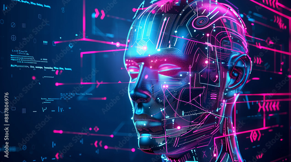 Poster Futuristic AI Robot Head with Holographic Data and Cyberpunk Elements Against Dark Blue and Neon Pink Background Featuring Human-like Figure Representing Artificial Intelligence