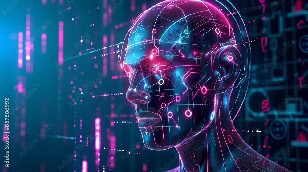Fototapete Futuristic AI Robot Head with Holographic Data and Cyberpunk Elements Against Dark Blue and Neon Pink Background Featuring Human-like Figure Representing Artificial Intelligence