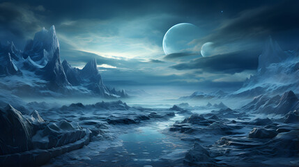 An icy river snakes through the canyons of an alien moon. Two moons are visible in the cloudy twilight sky.