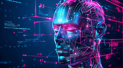 Futuristic AI Robot Head with Holographic Data and Cyberpunk Elements Against Dark Blue and Neon Pink Background Featuring Human-like Figure Representing Artificial Intelligence