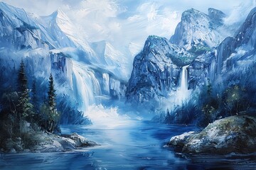 Beautiful abstract mountain waterfall stream in the forest. Artistic effect. Digital illustration.