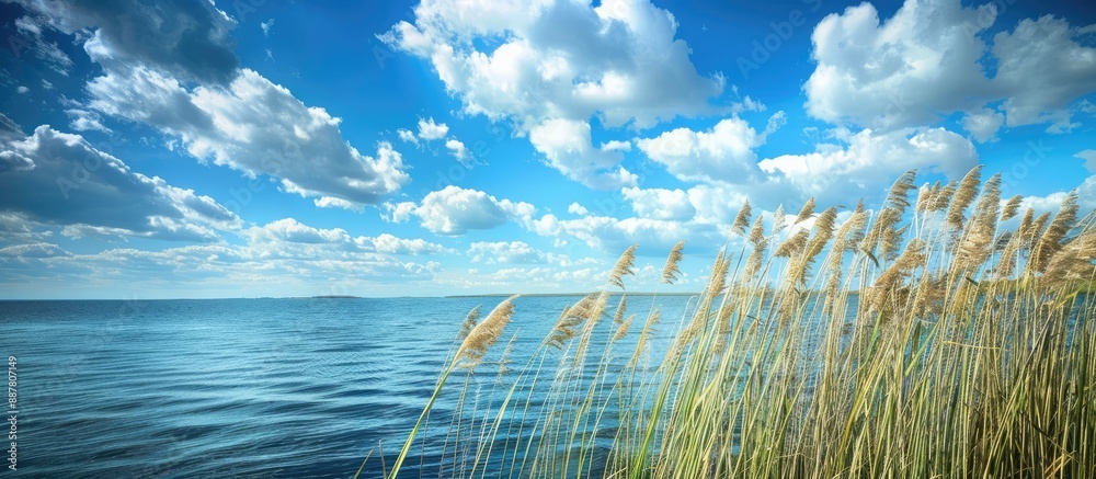 Poster Scenic view of reeds by serene ocean under blue sky with clouds perfect as a copy space image