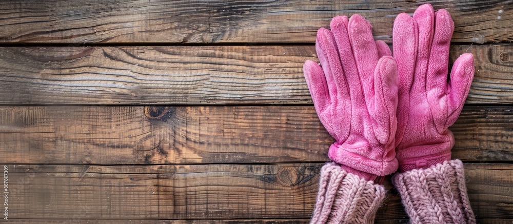 Aufkleber autumn wardrobe essential chic pink gloves on wood with a clear area for text in a top down view for