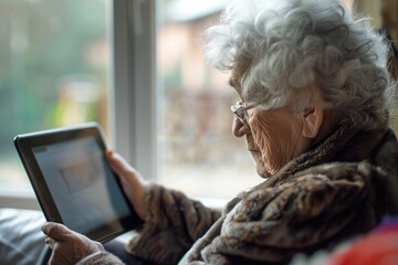 Obraz premium Elderly woman using a tablet while sitting by a window