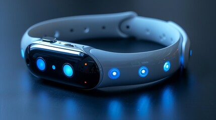 A close-up image of a white wearable biosensor with blue lights on a dark surface.