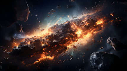 A massive asteroid belt collision creates a stunning display of cosmic destruction, spewing fire and debris into deep space.