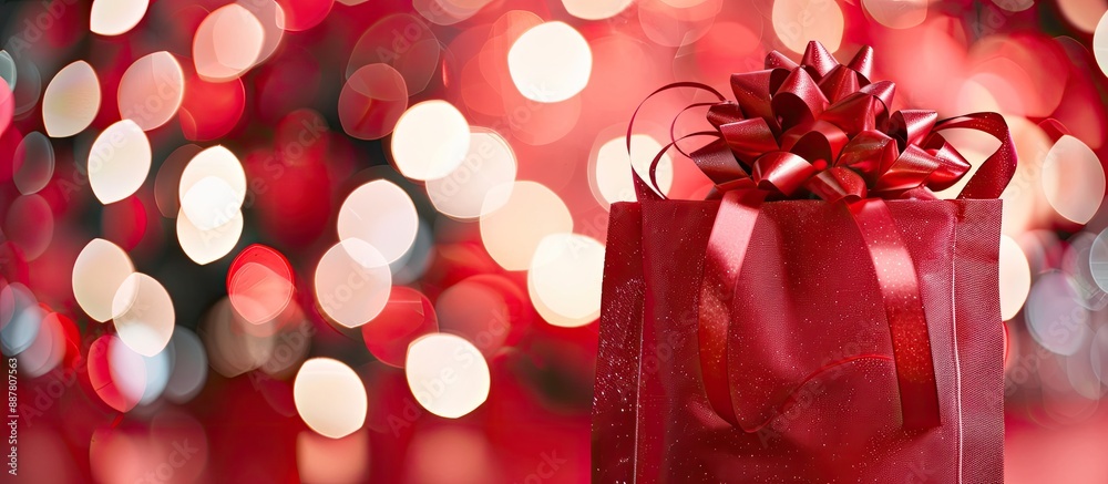 Poster present placed in a crimson gift bag against a festive backdrop with copy space image