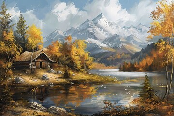 Fototapeta premium Hand drawn watercolor painting of lakeside autumn. landscape painting with water, boat on the lake, wooden house, cabin, autumn trees