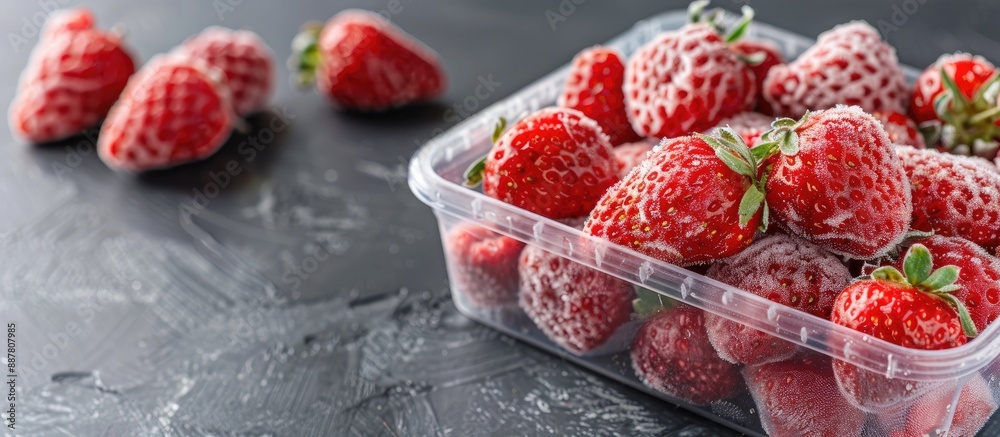Fototapete a square container filled with frozen strawberries with space available for additional content in th