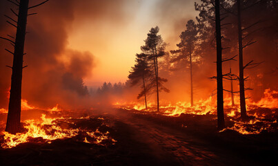 Feuersbrunst im Wald - B&auml;ume und Boden brennt lichterloh - Waldbrandrisiko hoch