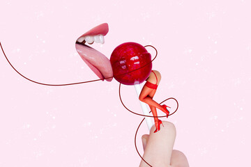 Composite photo collage of faceless mouth lick lollipop candy intimate sex shop sexy body wear stocking heels isolated on painted background