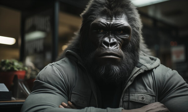 B&ouml;se schauender Gorilla in Menschengestalt - Aufpasser T&uuml;rsteher Muskelprotz zeigt Dominanz
