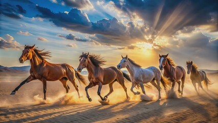 Fototapeta premium Dramatic sweeping landscape of majestic horses galloping through arid desert terrain, rope swirling, dusty trail blurring into vast blue sky.