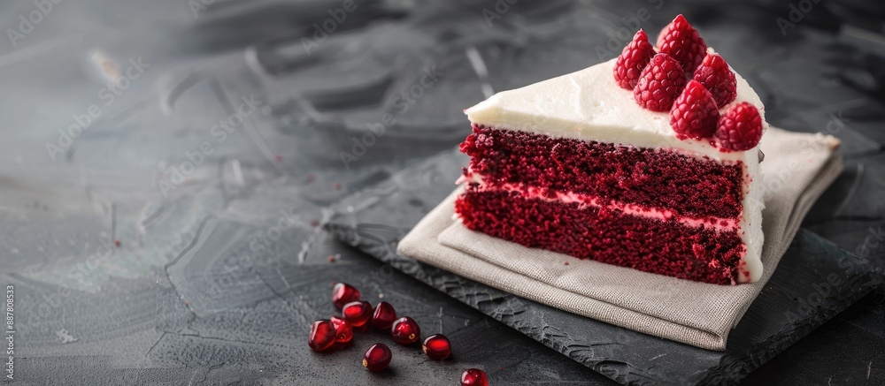 Poster Red velvet cake atop a dark gray concrete surface with a canvas napkin allowing for a copy space image