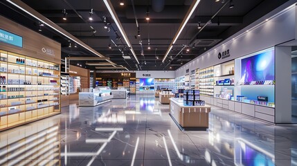 Modern retail store with holographic displays and abundant copy space