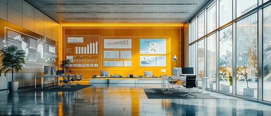 Office layout with holographic infographic walls and ample copy space