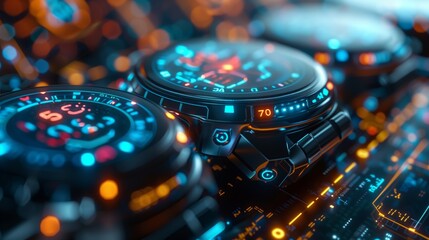 A close-up shot of a wearable biosensor, featuring a digital display showing vital signs.