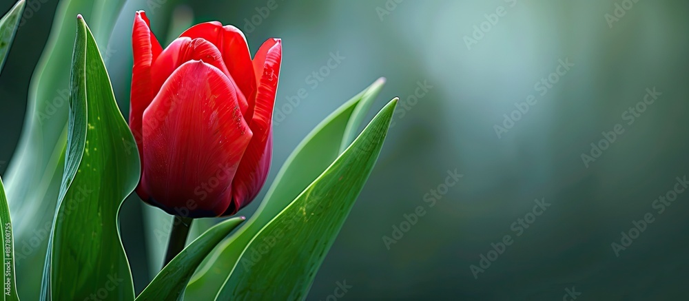 Poster a close up photo of a red tulip with a green leaf in the backdrop providing ample copy space image