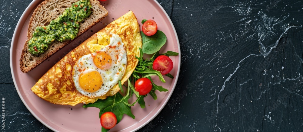 Poster a close up image of a nutritious breakfast on a pink plate set against a black stone backdrop with r