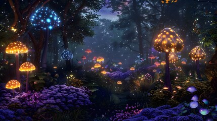 Fototapeta premium the heart of forest. bioluminescent flora and fauna illuminate the landscape ethereal glow.