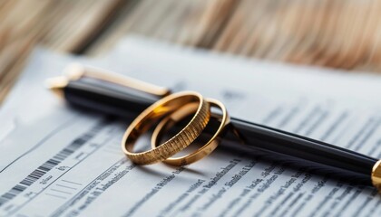 Two Gold Wedding Bands and Pen on a Legal Document