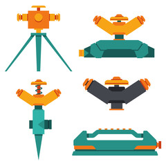 Garden sprinklers vector cartoon set isolated on a white background.