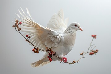 Obraz premium White Dove Perched on a Branch with Red Berries
