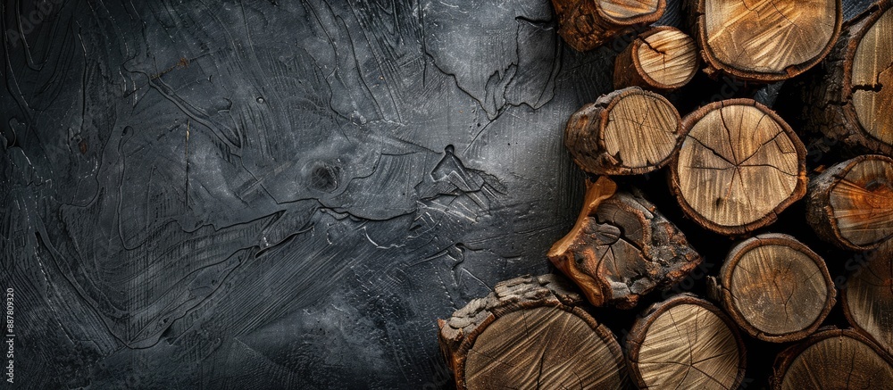 Poster Stack of assorted natural wooden logs against a rustic background with copy space image