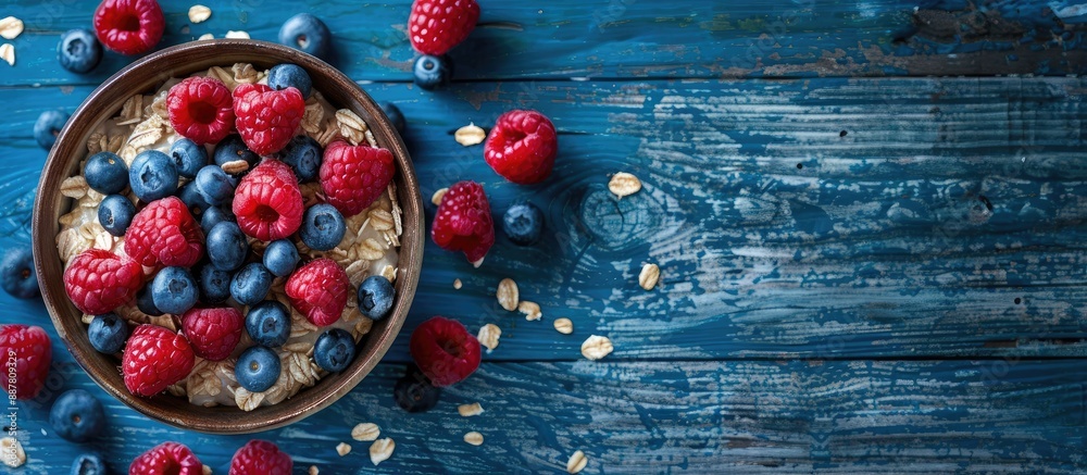 Poster an artistic studio shot showcasing oats topped with fresh blueberries and raspberries on a rustic bl