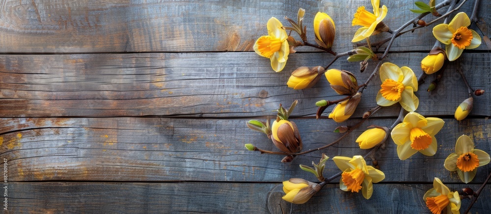 Aufkleber easter themed decor featuring magnolia branch and yellow daffodils on a wooden backdrop with copy sp