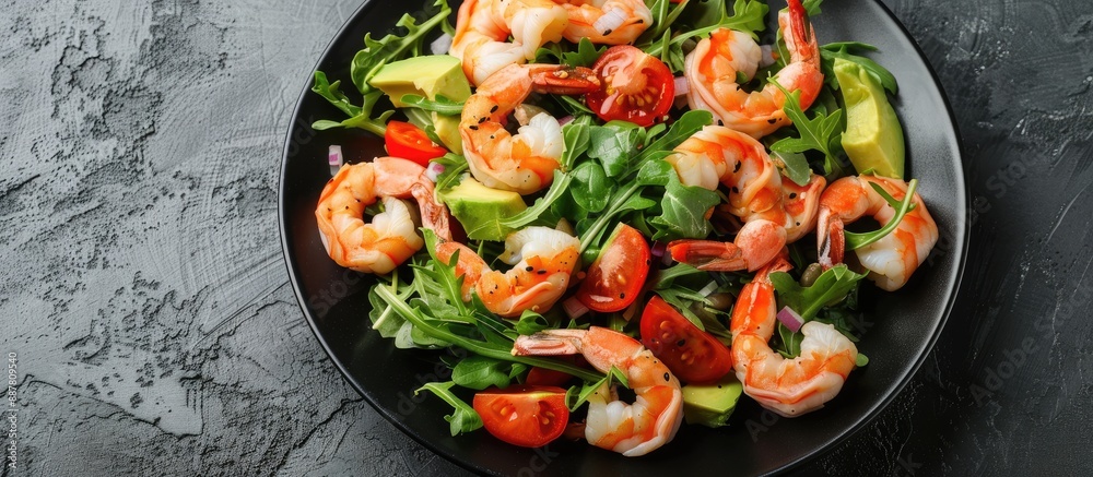 Leinwandbilder a salad with shrimp avocado and vegetables presented on a black plate against a gray backdrop provid