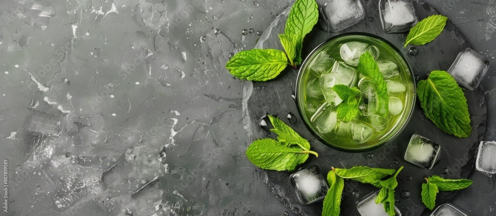 Poster Top view of a refreshing mint liqueur on a slate tray garnished with ice and mint leaves against a gray concrete surface with copy space image