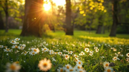 Fototapeta premium Awakening of nature in forest park during spring enjoying sunny walks