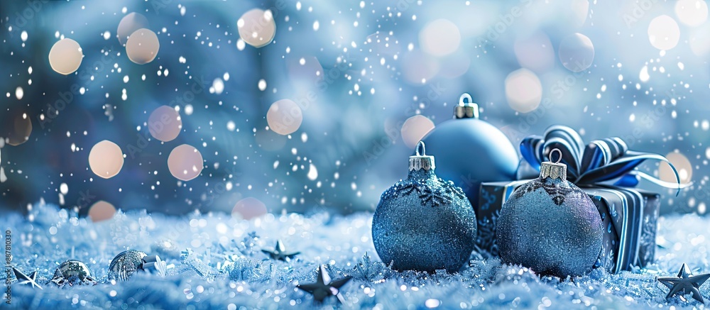 Poster A festive scene with glittering Christmas ornaments and a tiny present displayed on a backdrop of blue with copy space image