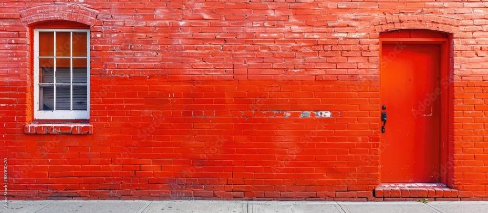 Poster Brilliant red paint adds a vivid touch to an orange brick wall creating an eye catching contrast. with copy space image. Place for adding text or design