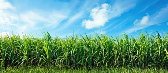 Fototapeta premium Photograph of a sugar cane field under a clear sunny sky with ample copy space image