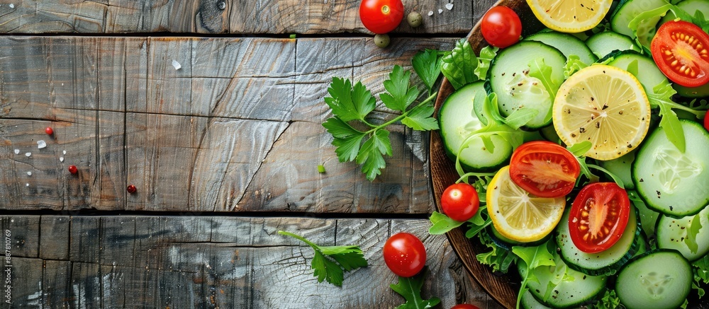 Poster Fresh cucumber salad with tomatoes and lemon on a rustic wooden backdrop ideal as a copy space image