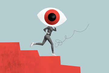 Creative collage headless woman run huge eye vision sight supervision superintendence oculist...