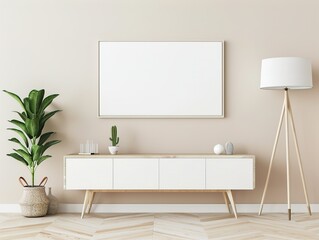 Scandinavian Interior Design with Wooden Cabinet, Plants, and Blank Frame