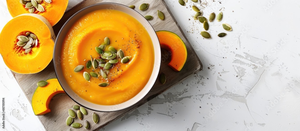 Poster creamy roasted pumpkin and carrot soup with pumpkin seeds set against a white backdrop a cutting boa