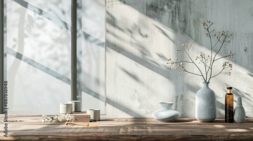 Poster bare wooden table with room decor background for product display on windowsill