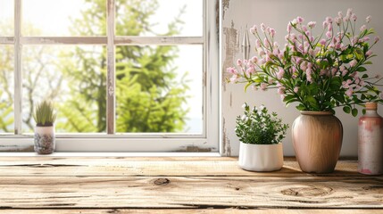 Bare wooden table with room decor background for product display on windowsill