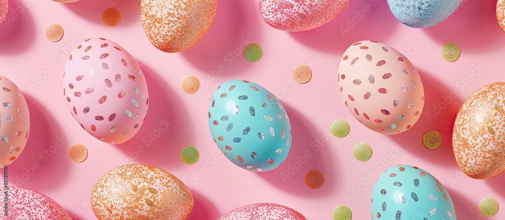 Aufkleber seamless easter pattern featuring colored eggs adorned with glitter against a pink background ideal 