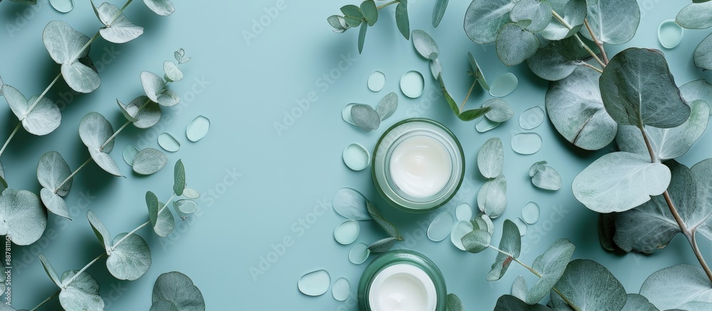 Poster top down shot of eco friendly skincare items surrounded by eucalyptus leaves on a soft blue backdrop