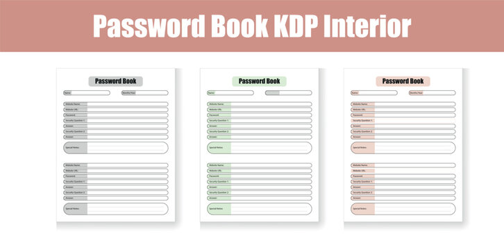 Password tracker logbook, KDP Interior, Password Book, KDp Interior, 3 color variations